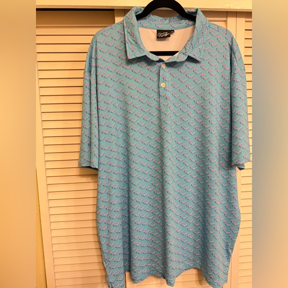 Sunday Swagger Blue Sunglasses Patterned Polo Shirt Collared Golf Shirt Sz 3XL